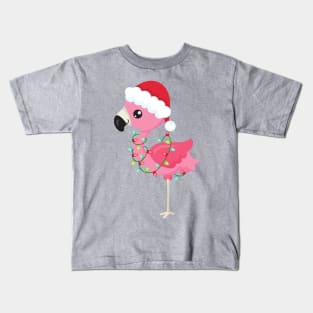 Christmas Flamingo, Santa Hat, Christmas Lights Kids T-Shirt